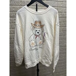 Zoe + Liv Womens Country Music Cowboy Teddy Bear Sweatshirt White XL NWT